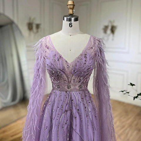 Feathers Nude A-line Evening Dresses with Cape Sleeves LA72304