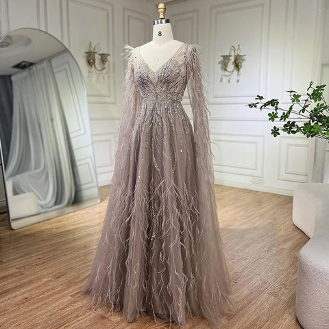 Feathers Nude A-line Evening Dresses with Cape Sleeves LA72304