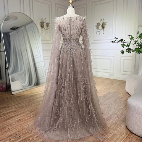 Feathers Nude A-line Evening Dresses with Cape Sleeves LA72304