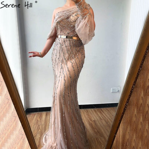 Nude High Split Mermaid Evening Dresses Gowns 2025 Luxury Beaded One Shoulder Elegant For Women Party LA70258