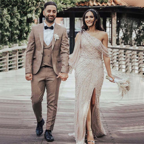 Nude High Split Mermaid Evening Dresses Gowns 2025 Luxury Beaded One Shoulder Elegant For Women Party LA70258