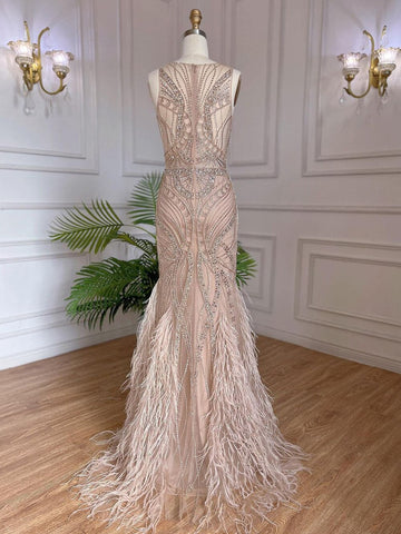 Nude Luxury Mermaid Evening Dresses Gowns 2025 Beaded Feather Elegant For Women Wedding Party LA71868