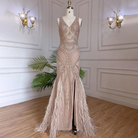 Nude Luxury Mermaid Evening Dresses Gowns 2025 Beaded Feather Elegant For Women Wedding Party LA71868