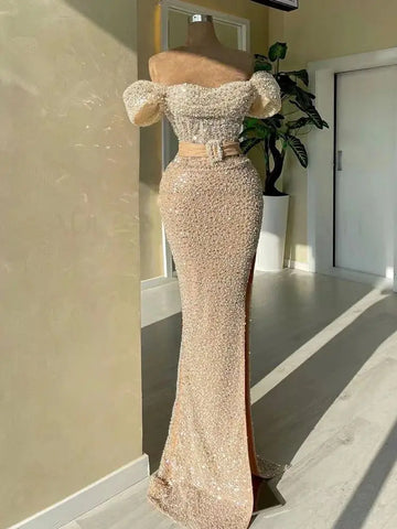 Nude Mermaid Elegant Boat Neck Beaded Luxury Dubai Evening Dresses Gowns For Women Wedding Party 2025 LA72318C