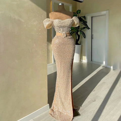 Nude Mermaid Elegant Boat Neck Beaded Luxury Dubai Evening Dresses Gowns For Women Wedding Party 2025 LA72318C