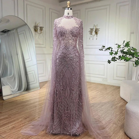Nude Mermaid Elegant High Collar Cape Sleeves Luxury Beaded Evening Dresses Gowns 2025 For Women Party LA71747