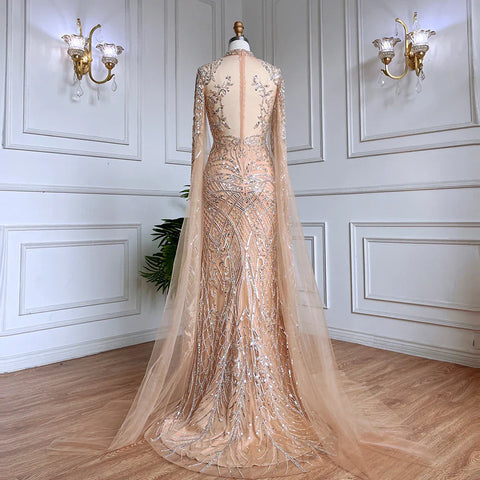 Nude Mermaid Elegant High Collar Cape Sleeves Luxury Beaded Evening Dresses Gowns 2025 For Women Party LA71747