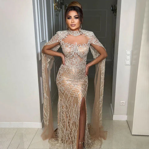 Nude Mermaid Elegant High Collar Cape Sleeves Luxury Beaded Evening Dresses Gowns 2025 For Women Party LA71747