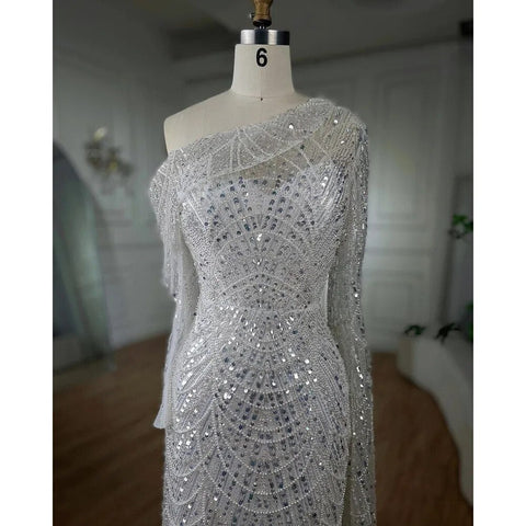 Nude Mermaid One Shoulder Pearls Beaded Luxury Evening Dress Gown LA72139