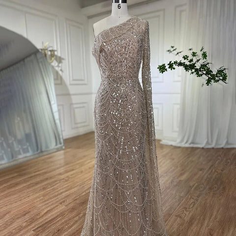 Nude Mermaid One Shoulder Pearls Beaded Luxury Evening Dress Gown LA72139