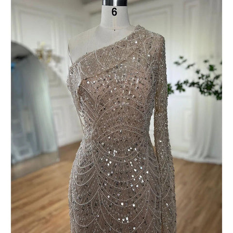 Nude Mermaid One Shoulder Pearls Beaded Luxury Evening Dress Gown LA72139