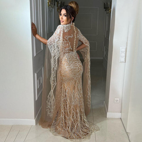 Nude Mermaid Elegant Sexy High Collar Cape Sleeves Luxury Beaded Evening Dresses Gowns 2025 For Women Party LA71747