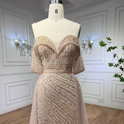Robe de soirée élégante style sirène nude avec jupe, épaules dénudées, fendue et perlée, pour femme, modèle LA71728, 2024 