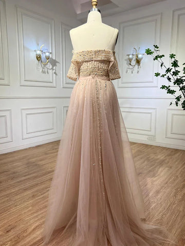 Robe de soirée élégante style sirène nude avec jupe, épaules dénudées, fendue et perlée, pour femme, modèle LA71728, 2024 