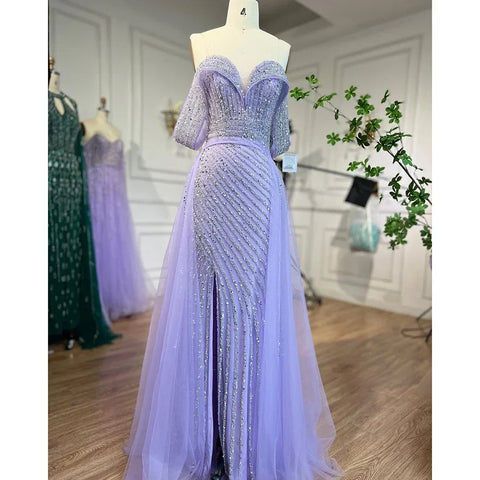 Robe de soirée élégante style sirène nude avec jupe, épaules dénudées, fendue et perlée, pour femme, modèle LA71728, 2024 