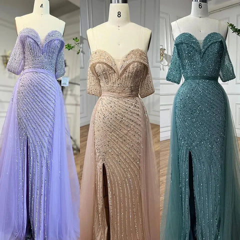 Robe de soirée élégante style sirène nude avec jupe, épaules dénudées, fendue et perlée, pour femme, modèle LA71728, 2024 