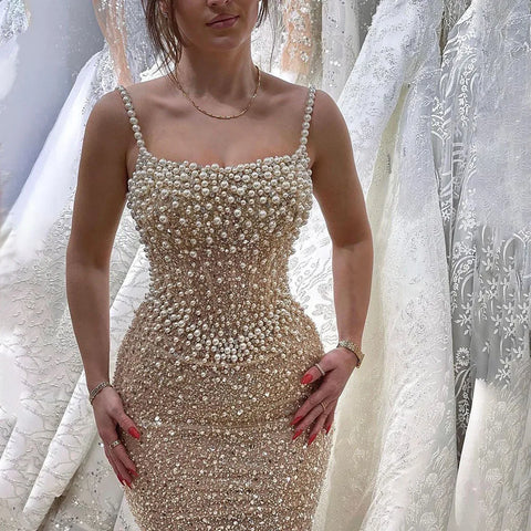 Nude Mermaid Evening Gown - Elegant, Luxurious, Pearls Beaded. Perfect for Women's Wedding Party in 2025. LA72321