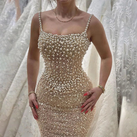 Nude Mermaid Evening Gown - Elegant, Luxurious, Pearls Beaded. Perfect for Women's Wedding Party in 2025. LA72321