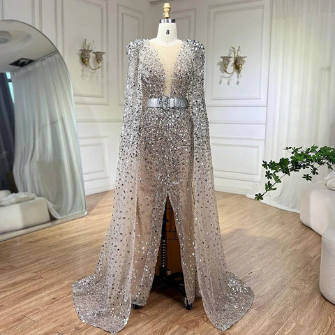Nude Mermaid Evening Gown with Luxury Cape Sleeves Beaded Elegance and Backless for Women's Party 2025 LA71561