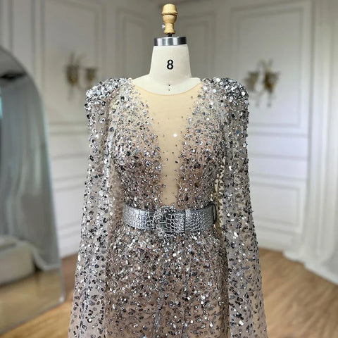 Nude Mermaid Evening Gown with Luxury Cape Sleeves Beaded Elegance and Backless for Women's Party 2025 LA71561