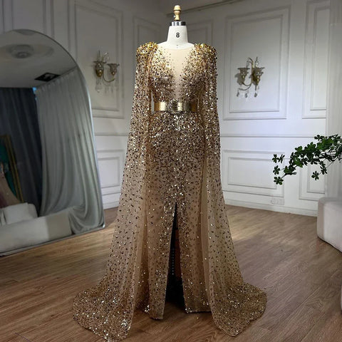 Nude Mermaid Evening Gown with Luxury Cape Sleeves Beaded Elegance and Backless for Women's Party 2025 LA71561