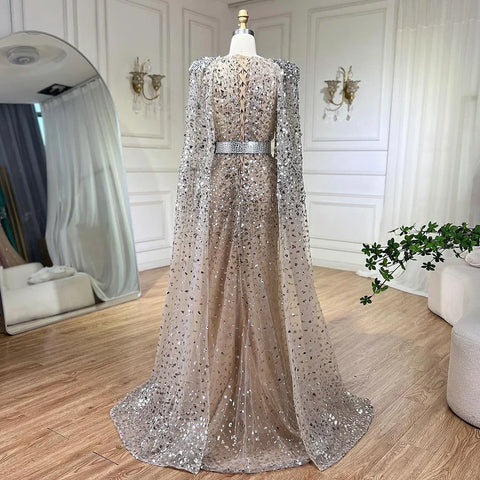 Nude Mermaid Evening Gown with Luxury Cape Sleeves Beaded Elegance and Backless for Women's Party 2025 LA71561