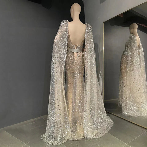 Nude Mermaid Evening Gown with Luxury Cape Sleeves Beaded Elegance and Backless for Women's Party 2025 LA71561