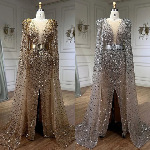Nude Mermaid Evening Gown with Luxury Cape Sleeves Beaded Elegance and Backless for Women's Party 2025 LA71561