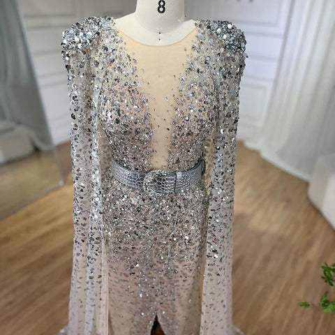 Nude Mermaid Evening Gown with Luxury Cape Sleeves Beaded Elegance and Backless for Women's Party 2025 LA71561