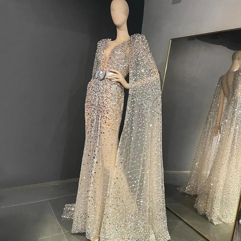 Nude Mermaid Evening Gown with Luxury Cape Sleeves Beaded Elegance and Backless for Women's Party 2025 LA71561
