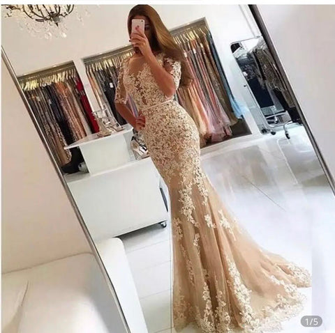 Nude Mermaid Lace Beaded  Muslim Luxury Evening Dresses Gowns 2025 Party  For Woman LA71193