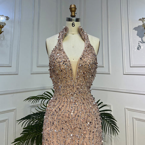 Nude Mermaid Sexy Halter High Split Beads Arabic Evening Dresses  Gowns For Women Wedding Party 2025 LA72025