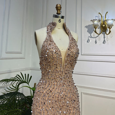 Nude Mermaid Sexy Halter High Split Beads Arabic Evening Dresses  Gowns For Women Wedding Party 2025 LA72025
