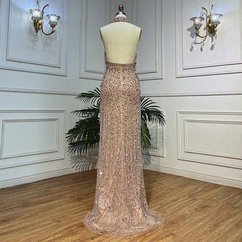 Nude Mermaid Sexy Halter High Split Beads Arabic Evening Dresses  Gowns For Women Wedding Party 2025 LA72025