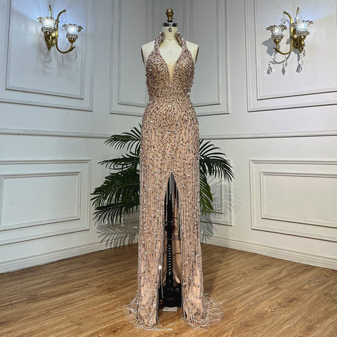 Nude Mermaid Sexy Halter High Split Beads Arabic Evening Dresses  Gowns For Women Wedding Party 2025 LA72025