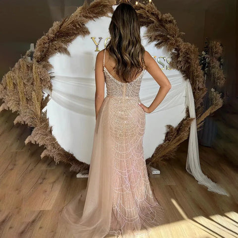 Nude Mermaid Sexy Spaghetti Straps High Split Beaded Arabic Long Evening Dresses Gowns 2025 For Women Party LA72189