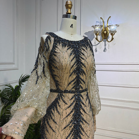 Nude O-neck Long Sleeves Cold Shoulder Evening Dresses Mermaid Beaded Party Gowns For Women LA72008