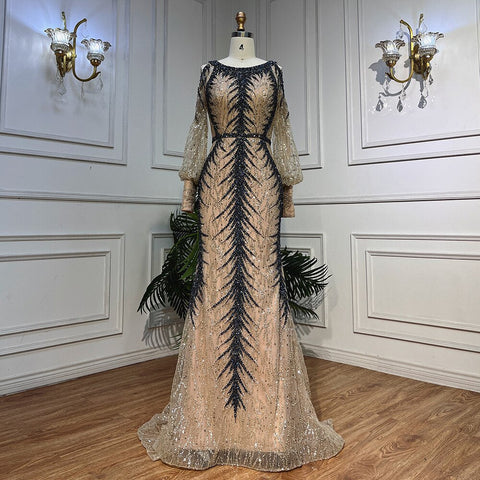 Nude O-neck Long Sleeves Cold Shoulder Evening Dresses Mermaid Beaded Party Gowns For Women LA72008