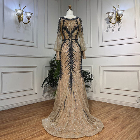 Nude O-neck Long Sleeves Cold Shoulder Evening Dresses Mermaid Beaded Party Gowns For Women LA72008