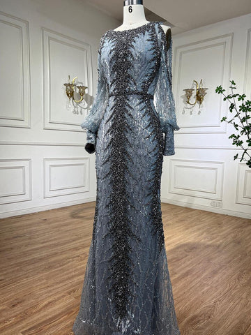 Nude O-neck Long Sleeves Cold Shoulder Evening Dresses Mermaid Beaded Party Gowns For Women LA72008
