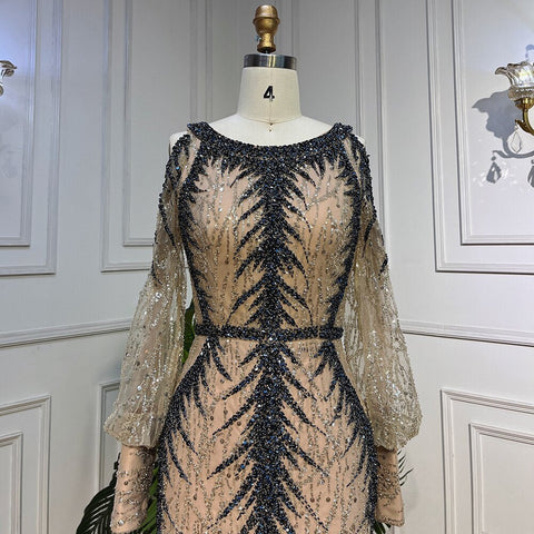 Nude O-neck Long Sleeves Cold Shoulder Evening Dresses Mermaid Beaded Party Gowns For Women LA72008