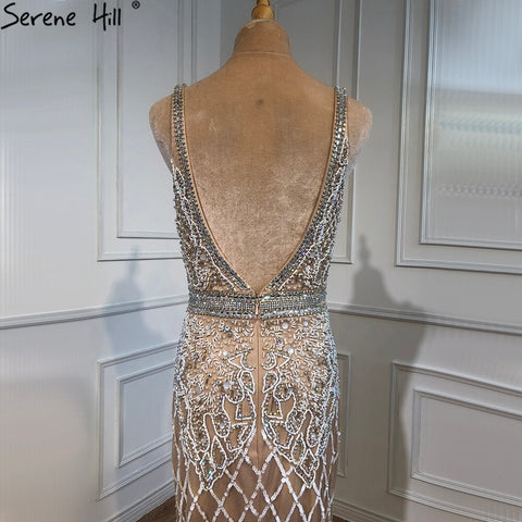 Nude Pink Mermaid High Split Elegant Evening Dresses Gowns 2025 Luxury Feathers Beading Sexy For Women Party LA70791