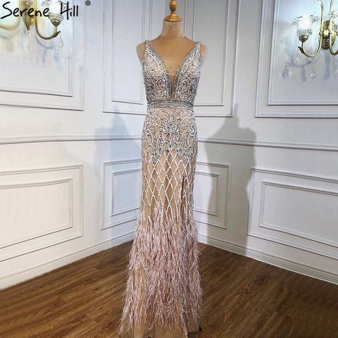 Nude Pink Mermaid High Split Elegant Evening Dresses Gowns 2025 Luxury Feathers Beading Sexy For Women Party LA70791