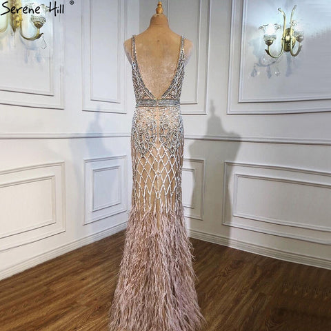 Nude Pink Mermaid High Split Elegant Evening Dresses Gowns 2025 Luxury Feathers Beading Sexy For Women Party LA70791