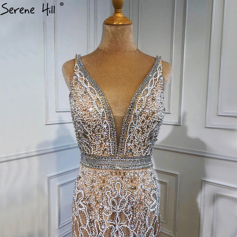 Nude Pink Mermaid High Split Elegant Evening Dresses Gowns 2025 Luxury Feathers Beading Sexy For Women Party LA70791