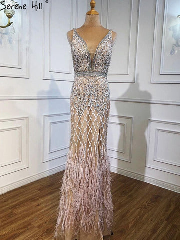 Nude Pink Mermaid High Split Elegant Evening Dresses Gowns 2025 Luxury Feathers Beading Sexy For Women Party LA70791