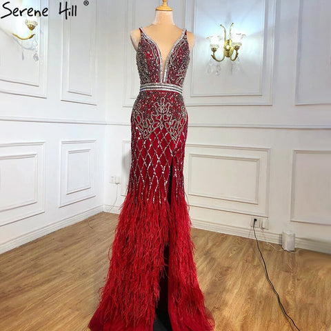 Nude Pink Mermaid High Split Elegant Evening Dresses Gowns 2025 Luxury Feathers Beading Sexy For Women Party LA70791