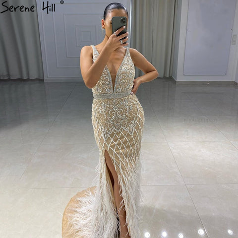 Nude Pink Mermaid High Split Elegant Evening Dresses Gowns 2025 Luxury Feathers Beading Sexy For Women Party LA70791