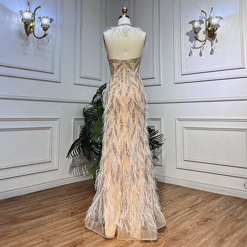 Nude Sexy Strap Mermaid Luxury Feather Beads Evening Dresses Dubai Gowns For Women Wedding Party 2025 LA72010