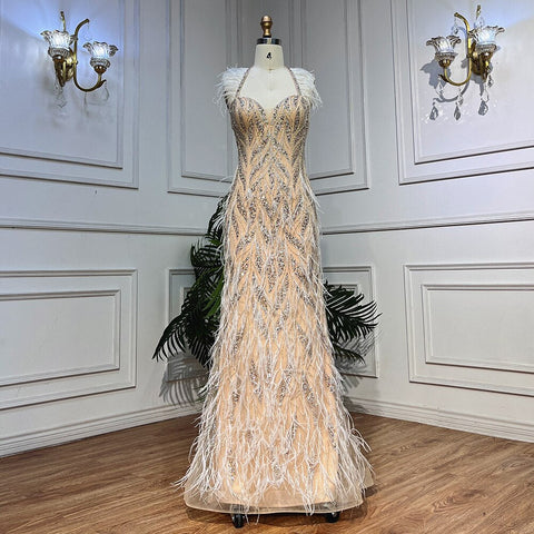 Nude Sexy Strap Mermaid Luxury Feather Beads Evening Dresses Dubai Gowns For Women Wedding Party 2025 LA72010